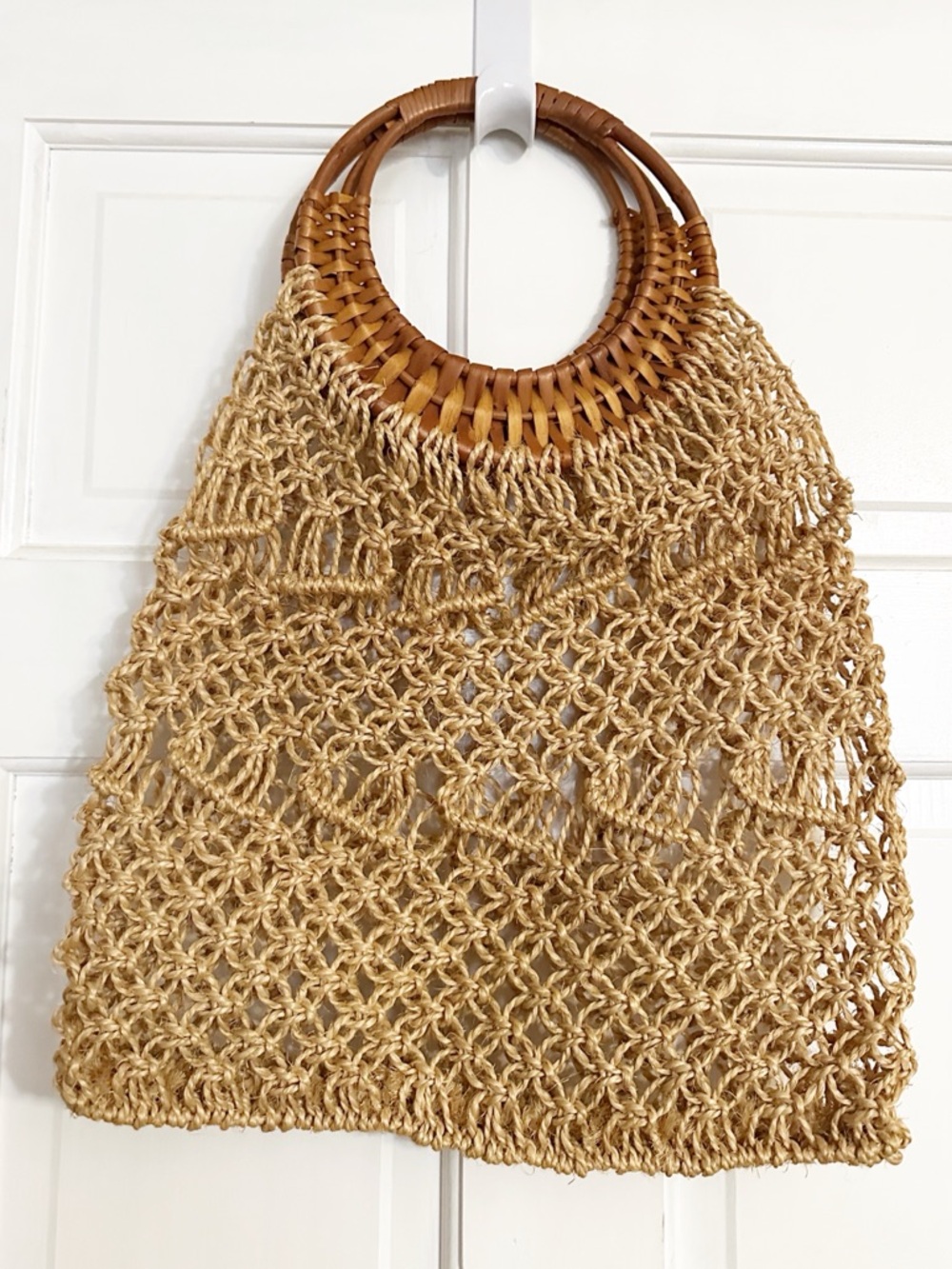 Boho Woven Straw Tote with Wooden Handles | Summer Beach Bag
